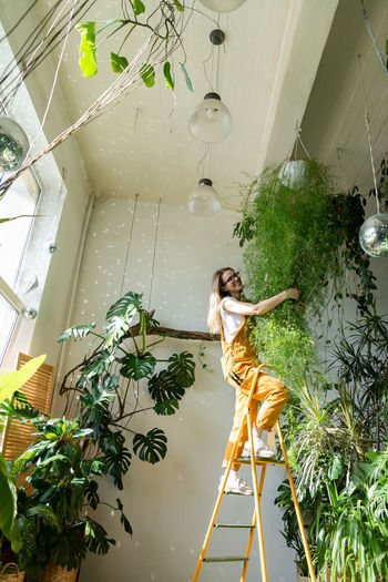 Carefree woman on ladder holding plants