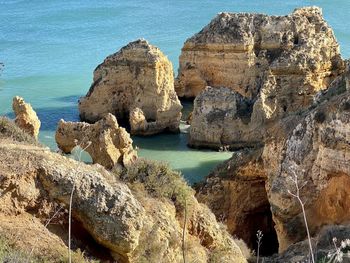 High angle view of rocks at sea shore