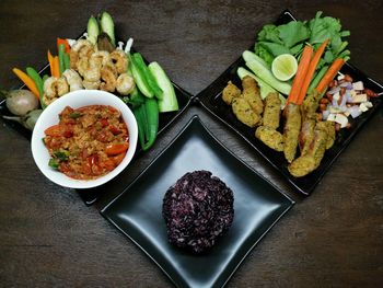 High angle view of food served on table