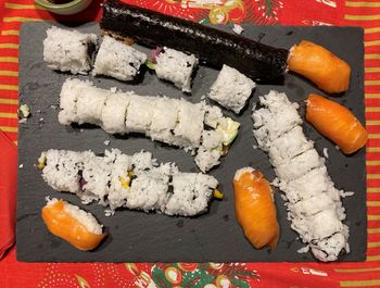 High angle view of sushi on table
