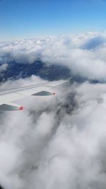 Aerial view of airplane wing against sky