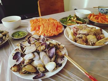 High angle view of food served on table