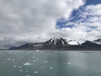 Scenic view of snowcapped mountains by lake against sky