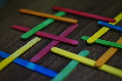 High angle view of multi colored pencils on table