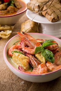 High angle view of seafood in bowl on table