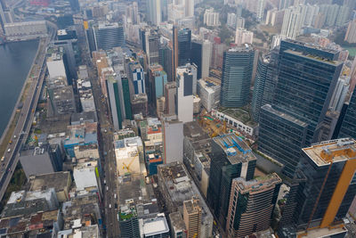 High angle view of modern buildings in city