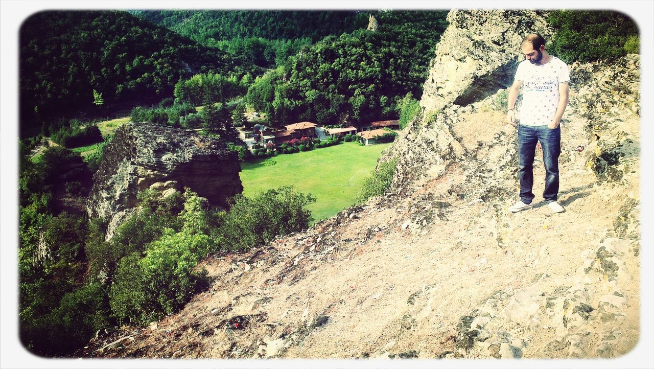 transfer print, auto post production filter, nature, tranquility, rock - object, green color, day, tree, landscape, tranquil scene, outdoors, growth, grass, rock, plant, rock formation, sunlight, beauty in nature, high angle view