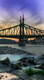 Golden gate bridge over river during sunset