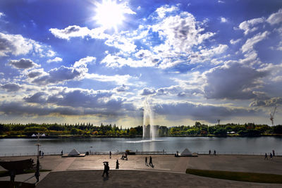 View of fountain against cloudy sky