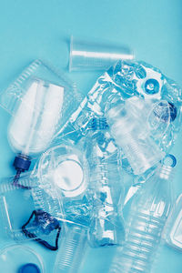 High angle view of bottles on table