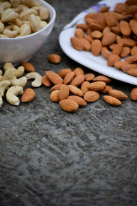 High angle view of cookies in bowl on table