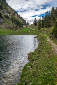 Scenic view of lake and mountains against sky