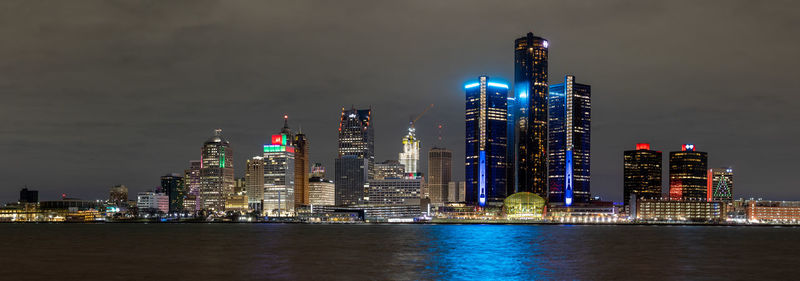 Detroit skyline at dusk viewed from windsor on.