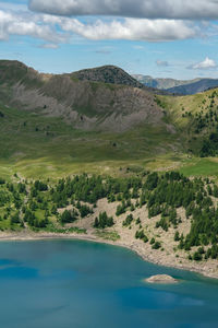 Scenic view of lake and mountains against sky