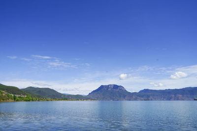 Scenic view of lake against blue sky