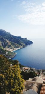 High angle view of sea and mountains against sky