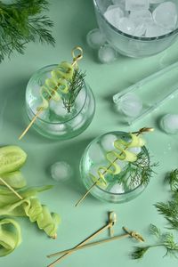 High angle view of vegetables on glass table