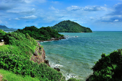 Mountain by sea against sky