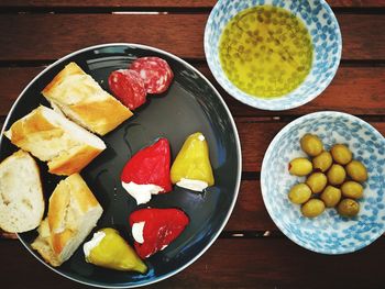 High angle view of fruits in bowl on table