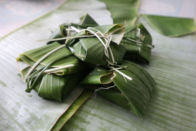 High angle view of leaves on table