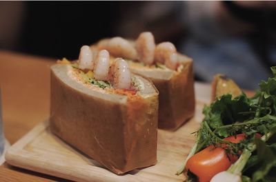 Close-up of served food on table