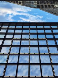 Low angle view of modern building against cloudy sky