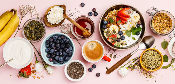 High angle view of breakfast on table