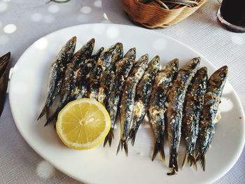 High angle view of fish in plate