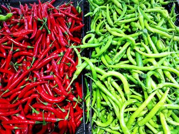 Full frame shot of red chili peppers for sale at market