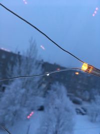 Close-up of illuminated lights against sky during winter