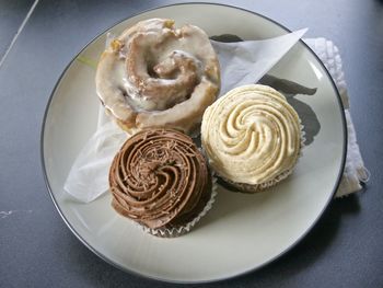 High angle view of cupcakes on plate