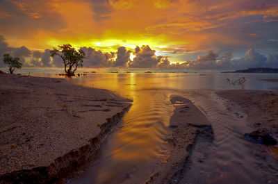 Scenic view of beach against sky during sunset