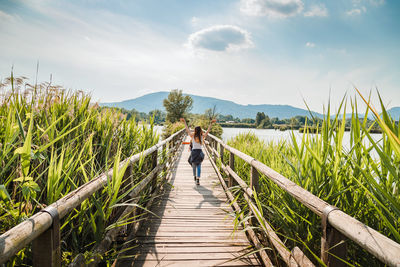 Rear view of person on walkway amidst plants against sky