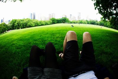 People relaxing on grassy field in park