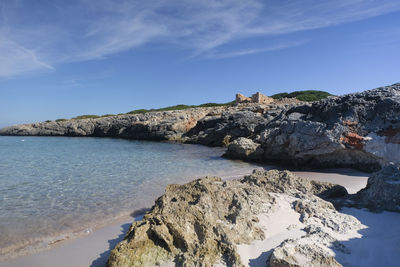 Scenic view of rocks by sea against sky