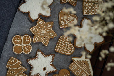 High angle view of cookies on christmas tree