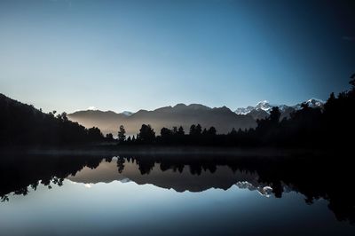 Idyllic shot of trees and mountains reflection in lake against sky
