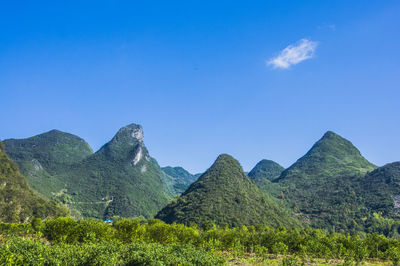 Scenic view of mountains against clear blue sky