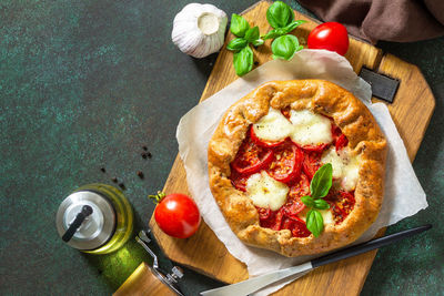 High angle view of pizza on table