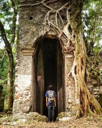 Woman standing on tree trunk