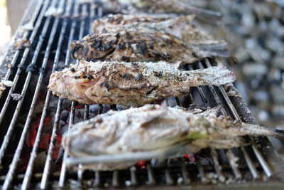 Close-up of fish on barbecue grill