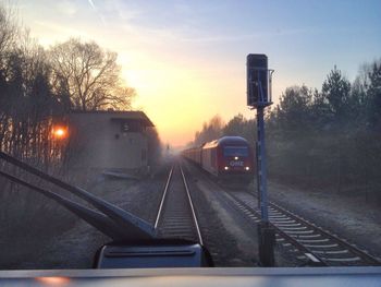 Railroad track seen through train windshield