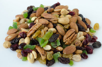 Close-up of roasted coffee beans against white background