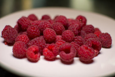 Close-up of raspberries in plate