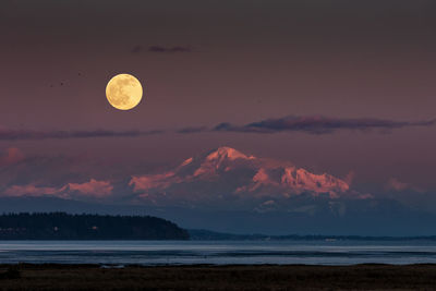 Super snow moon from boundary bay, bc, looking toward mount baker glowing at sunset.