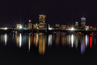 Reflection of illuminated sheraton boston hotel and prudential tower on river