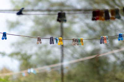 Low angle view of clothespins hanging on clothesline