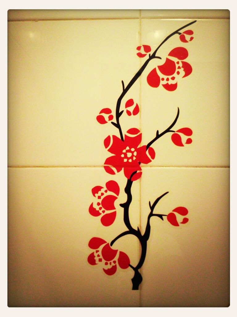 indoors, transfer print, wall - building feature, auto post production filter, red, flower, wall, decoration, creativity, art, art and craft, close-up, no people, home interior, vignette, floral pattern, built structure, pink color, design, still life