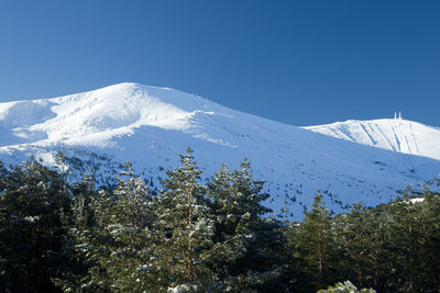 Scenic view of snowcapped mountains against clear blue sky