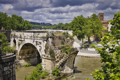 Arch bridge over river in city against cloudy sky